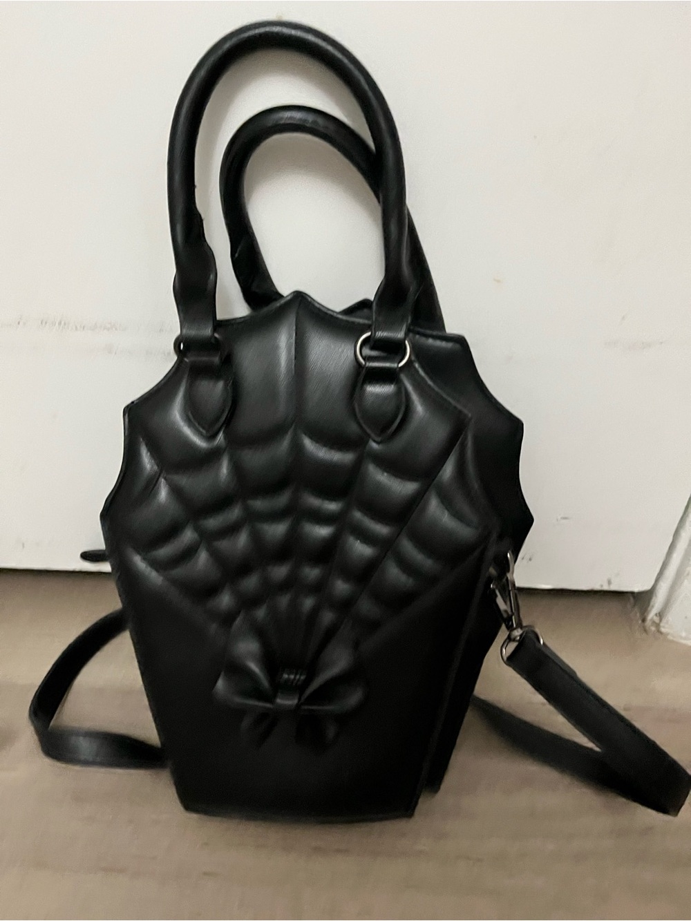 Banned Alternative Black Coffin Quilted Spiderweb Tote Shoulder Bag Bow Accent